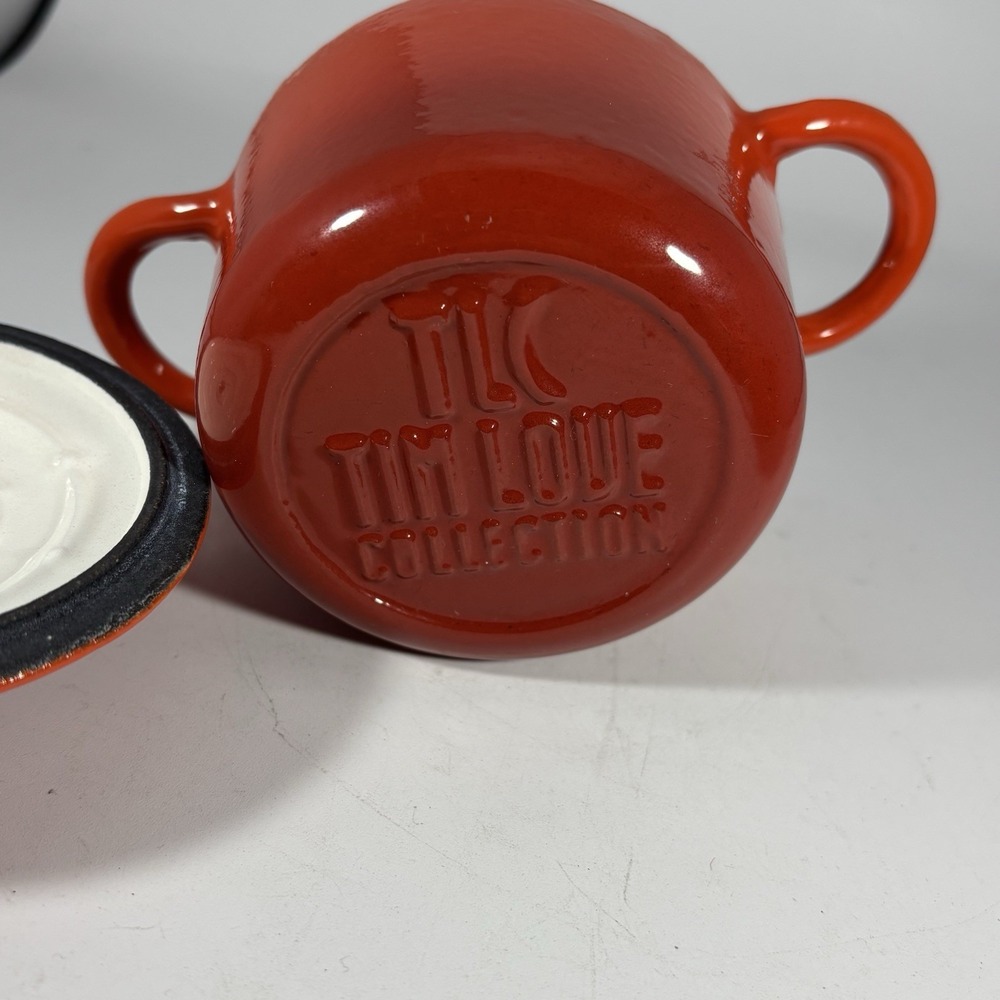 2 Vintage Tim Love Collection Enameled Cast Iron Small Dutch Oven W/ Lids Orange - Picture 9 of 11